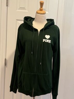 PINK Victoria's Secret Dark Green Zip-Up Hoodie with White Logo